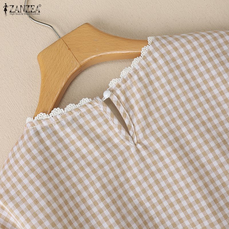 ZANZEA Damen Lässig Rundhals Kurzarm Locker Karierte Bluse