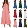 Women's Fashionable V-neck Casual Loose High Waisted Color Ruffle Sleeveless Pleated Long Dresses