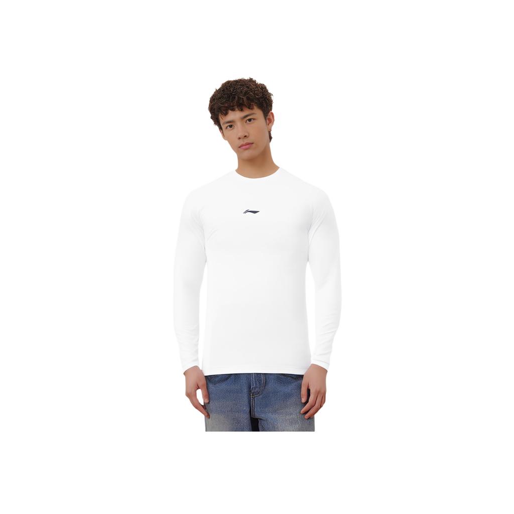 Li Ning Badfive Round Neck Logo Pullover Breathable Quick-Dry Stretch Long Sleeve T-Shirt Men Tops White AAEU017-2