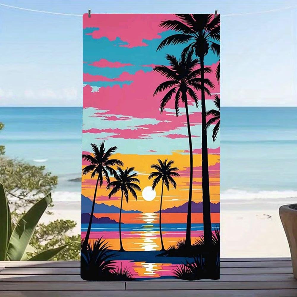 Buntes Meeres-Sonnenuntergang-Palmen-Silhouetten-Strandtuch, Leichtes schnelltrocknendes Handtuch für Reisen und Outdoor-Aktivitäten