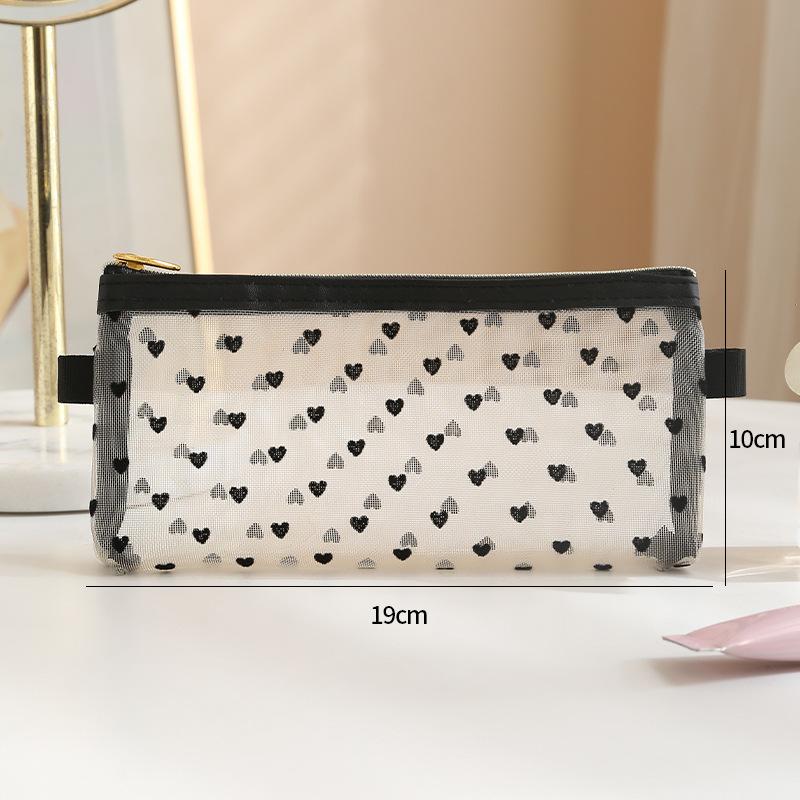 Flocked Heart Pattern Handheld Zipper Portable Mesh Makeup Bag Cosmetic Organizer Travel Essential Large Capacity