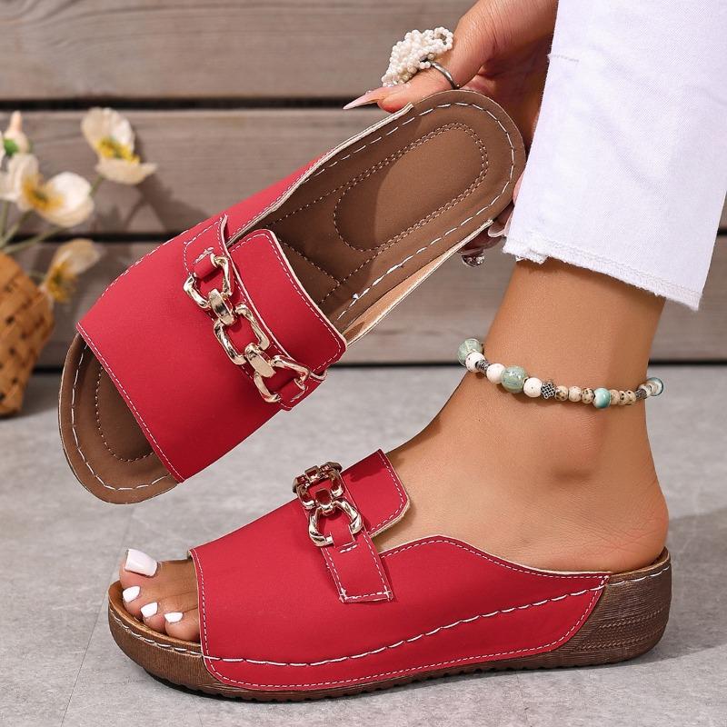 Plus Size 2025 Summer New Women's Platform Slippers Solid Color Comfortable Metal Buckle Decorative Slippers Women