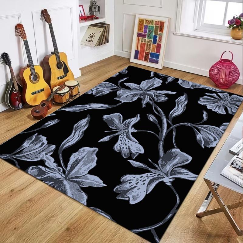 Moody Monochrome Orchid Pattern Rug, Dark Floral Floor Carpet for Living Room Bedroom, Durable Non-Slip Washable Mat