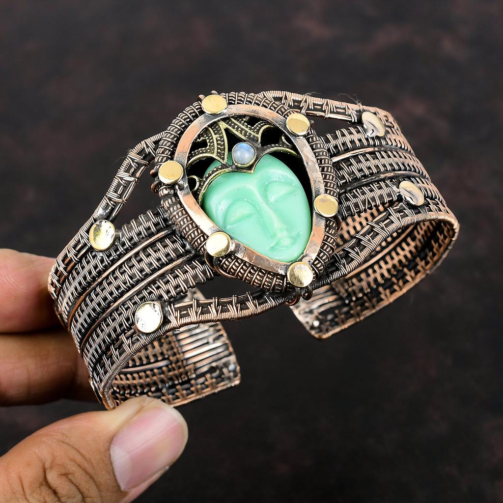 Green Carved Bone Face Gemstone Bangle Copper Wire Wrapped Cuff Bracelet Adjustable Bangle Handmade Rainbow Moonstone Bangle Copper Jewelry