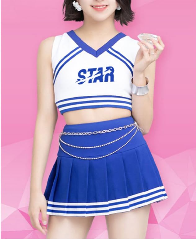 Lady Lazy Cheerleader Perfect for and Blue Costume, Miniskirt, Midriff-Baring, Photoshoots, Cosplay, Cross-Dressing, Cute, Short, Above-the-Knee,