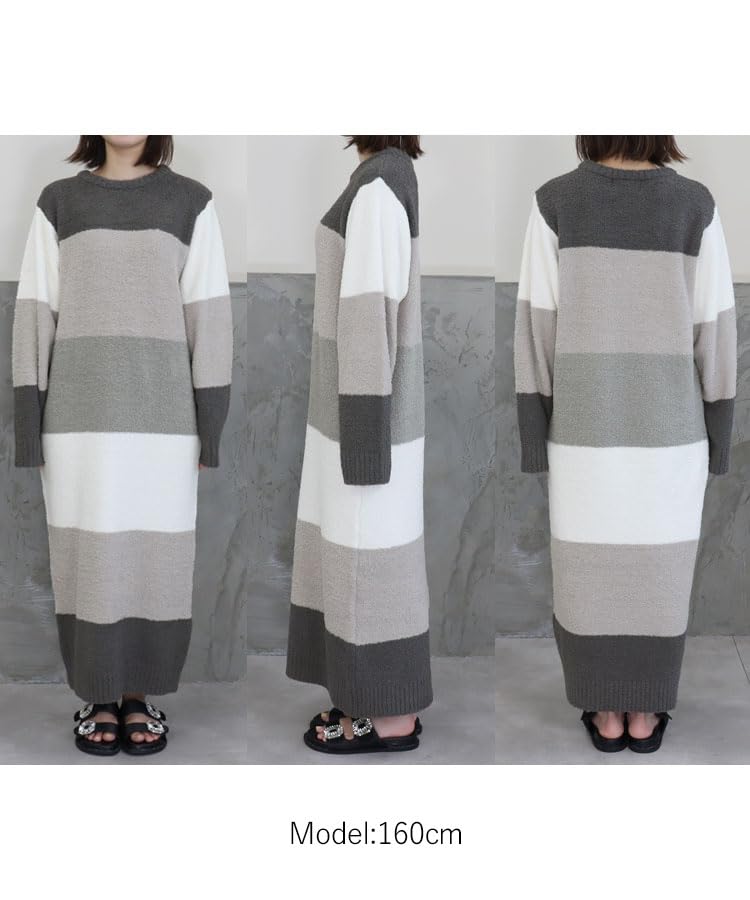 Fluffy Striped Loungewear Dress for Cute and Adult Long Sleeve Relaxing Loose Fit Korean Long Charcoal [DONOBAN] Women, Pajamas, Loungewear, Wear,