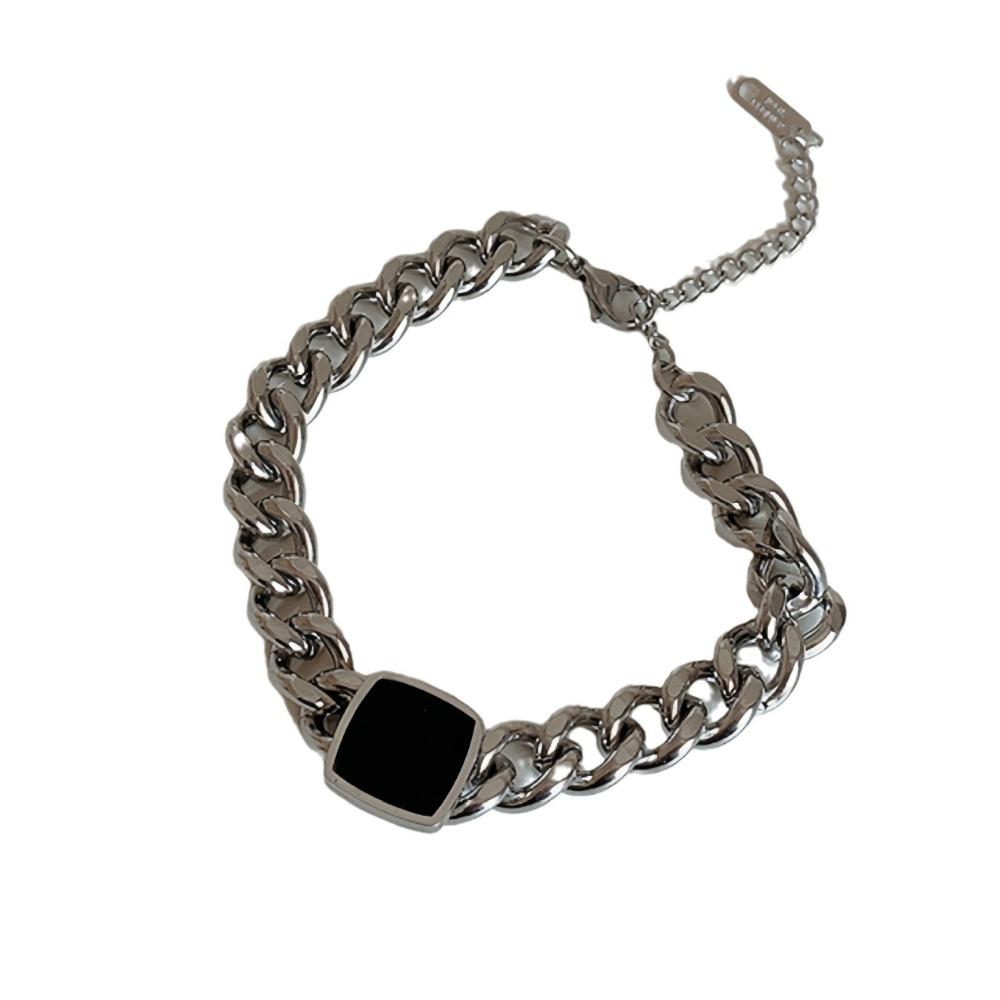 Trendy Personality Stainless Steel Thick Chain Necklace Black Square Collarbone Chain Bracelet Sets for Men Women Unisex Jewelry