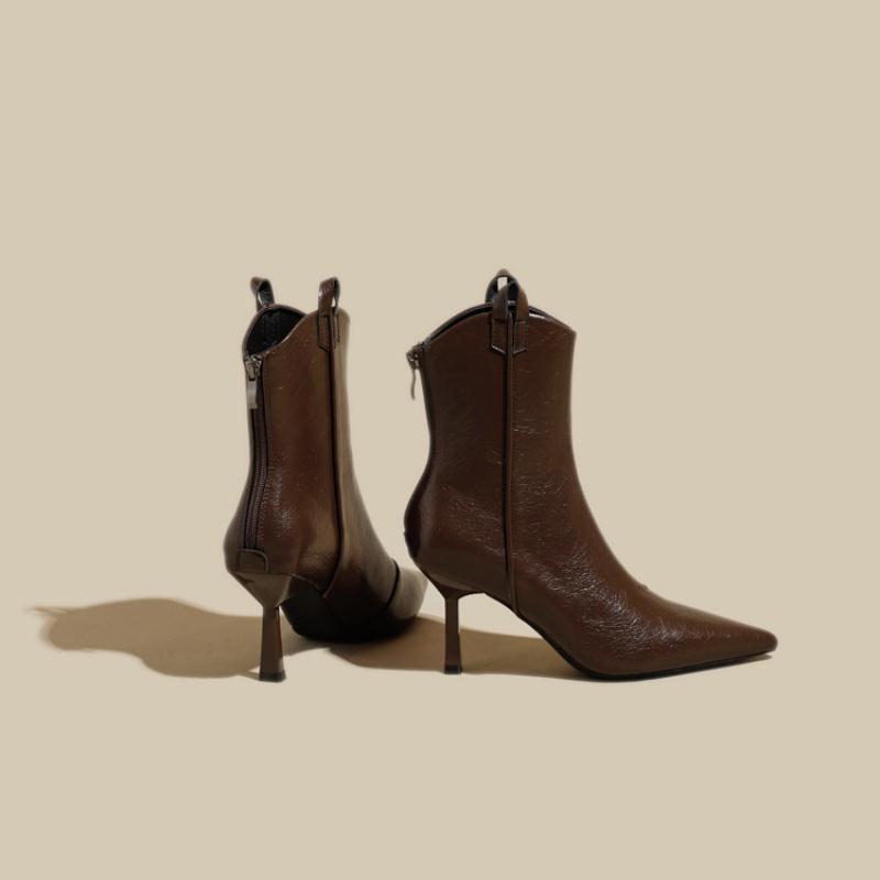 Fashion Shoes Boots Women New 2025 Zipper Winter Footwear Ankle Pointy Autumn Leather High Heel Ladies Pointed Toe Pumps Thin Zipper Win