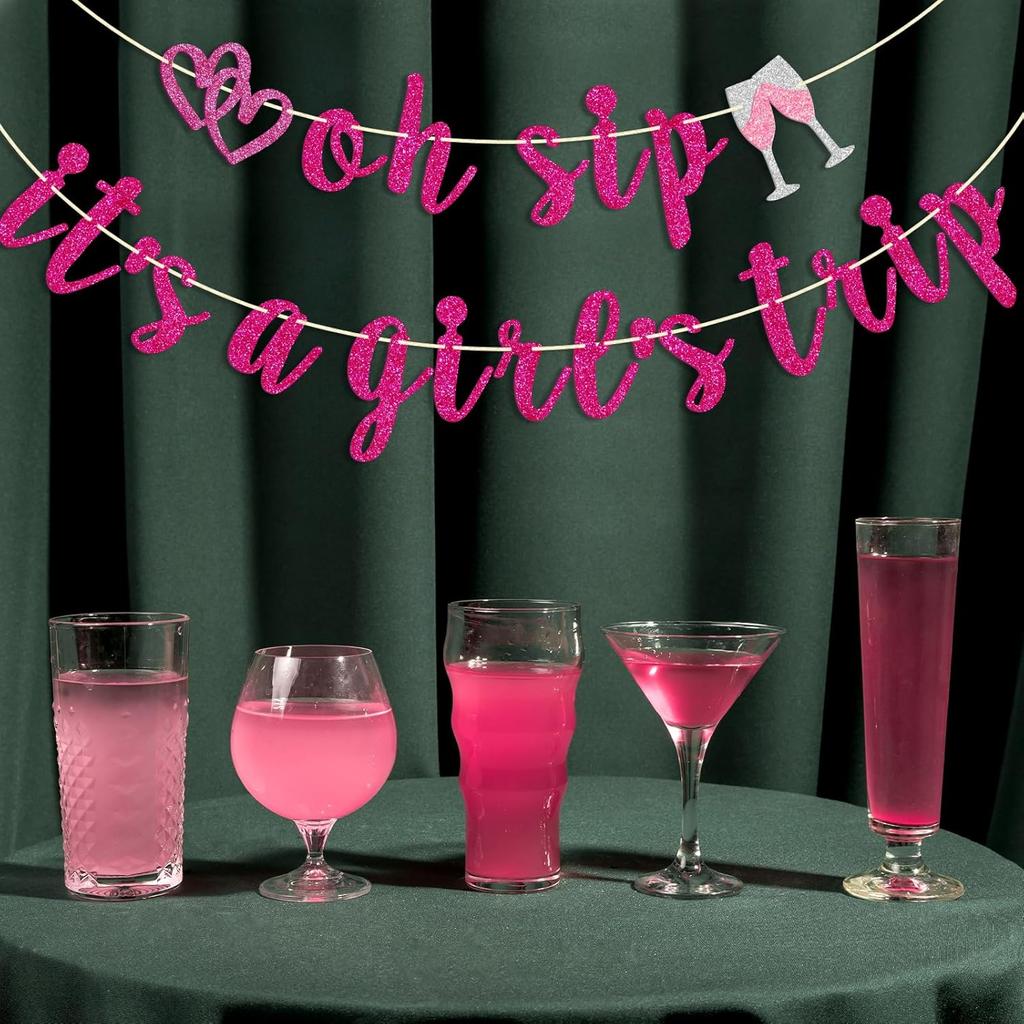 Firefairy Oh Sip It's a Girl's Trip Pre-strung Banner - Girls Vacation, Weekend, Just Wanna Have Fun - Bachelorette Party Decorations, Hot Pink