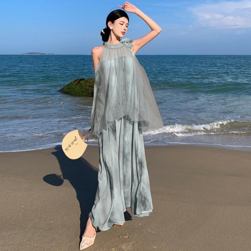 New Chinese style temperament fairy vacation beach dress mesh stitching tie-dye fake two-piece neck dress summer