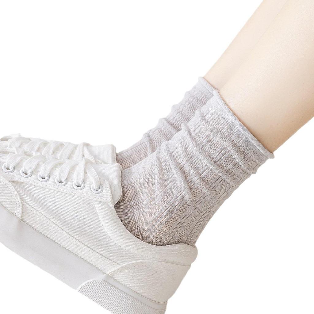 Yuxuan Women's Ice Silk Mesh Socks - Breathable, Soft, Mid-Calf Scrunch Style for Spring, Summer, and Autumn In White.