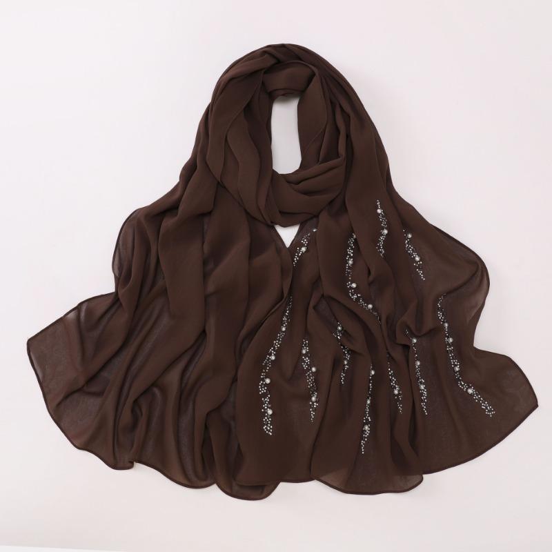 Chiffon Long Scarf With Rhinestones Beads Ethnic Headscarf For Women