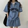 Women's Polo Collar Short Sleeve Shorts Fashionable Set Summer Outfit