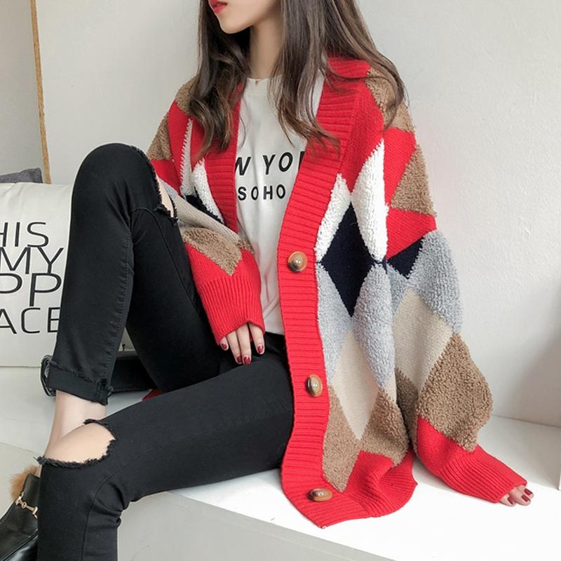 Elegant Fashion Argyle Knitted Sweater Jacket Women Autumn New Long Sleeve Winter Loose Woman Cardigans Sweaters Vintage Plus Size Knitwear Coat 24929