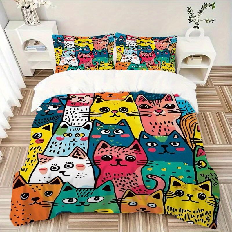 3Pcs Colorful Cats Printed Bedding Set, Breathable And Soft,(Includes 1 Duvet Cover And 2 Pillowcases, Quilt Not Included) yy250815146