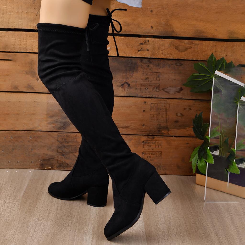 Fashion Women Boots Winter Black Over The Knee Boots 2024 New Comfort High Heels Shoes Fashion Warm Lace Up Long tube square heel Boots