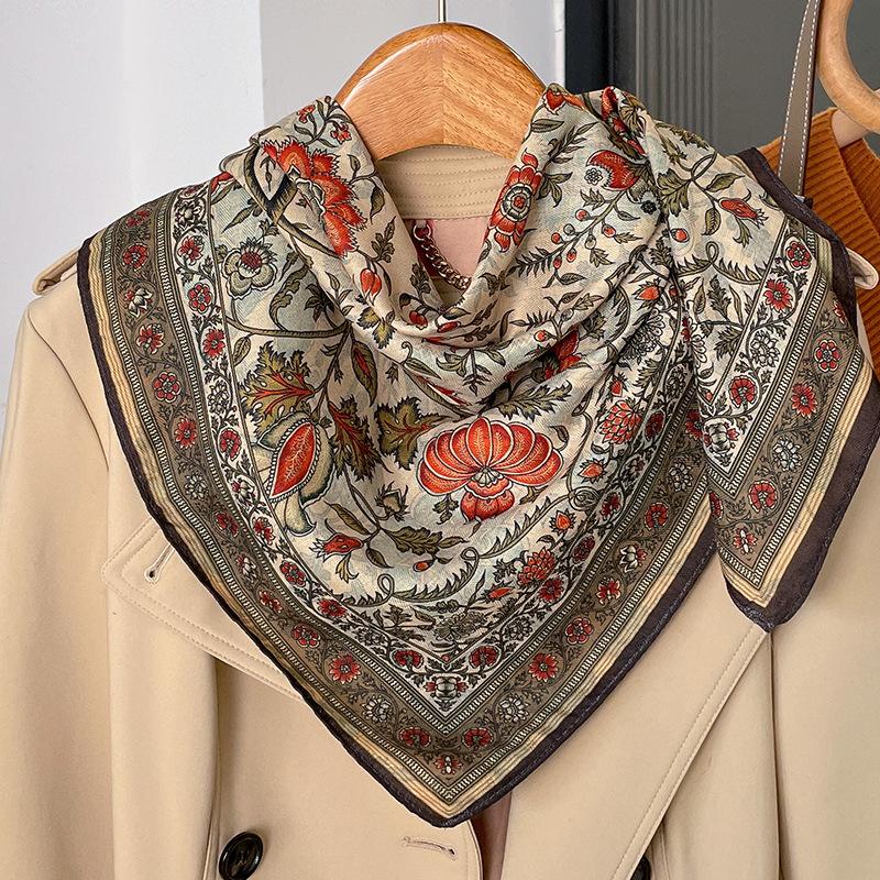 Literary Floral Scarf Cotton and Linen Neck Protector Women's Summer Small Scarf 71 Thin Shawl Idyllic Square Scarf Korean Silk Scarf
