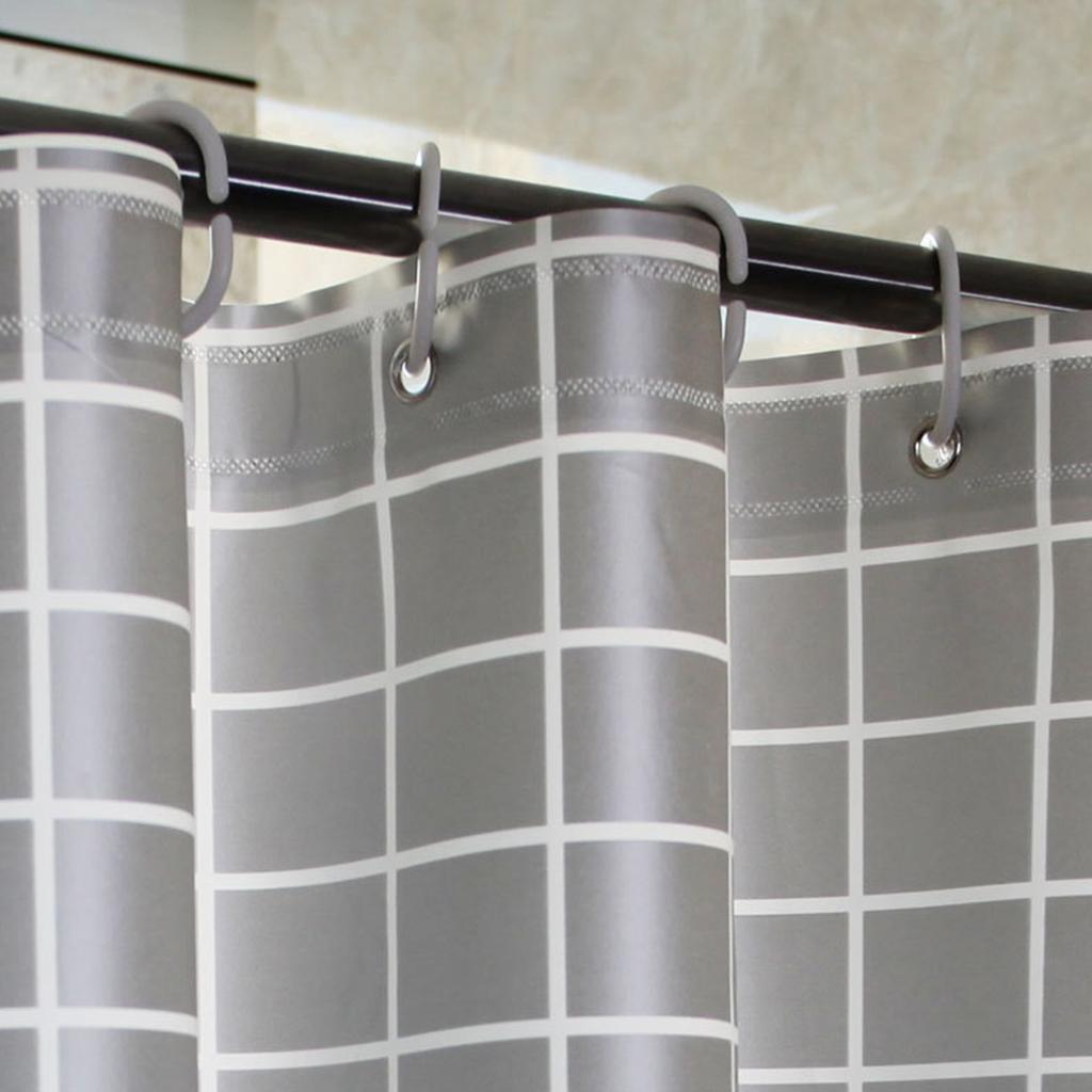 180x180CM Shower Curtain with Stainless Steel Buckle 12 Hooks Grey Grid PEVA Bath Curtain Set for