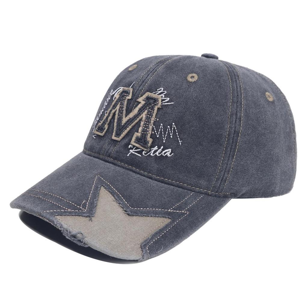 Women’s Retro Distressed Star Baseball Cap - Washed Denim Duckbill Hat with M Logo, Sun Protection, Face Slimming