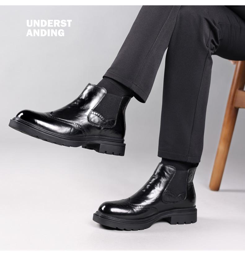 Men's Genuine Leather Chelsea Boots, Versatile Velvet-Lined Mid-Calf, Breathable, Trendy Snow & Martin Boots