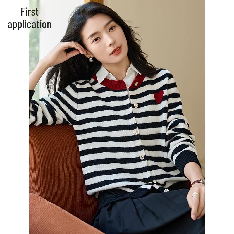 Women's Striped Heart Embroidery Knit Cardigan