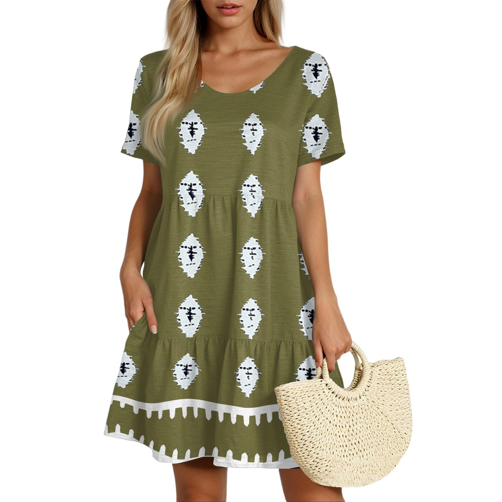 

Women s Casual Fashion Round Neck Short Sleeve Bohemian Cake Skirt M