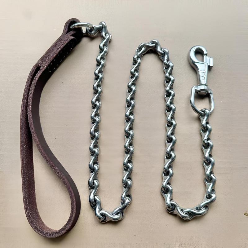 Sturdy Ribbed Chain Cowhide Handle Stainless Steel Anti-Bite Leash for Medium to Large Dogs