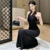 Korean Slim Fit and Thin Lace Neck Dress Women's Summer Sexy Backless Hip Wrap Dress Long Dress Hip Wrap and Thin
