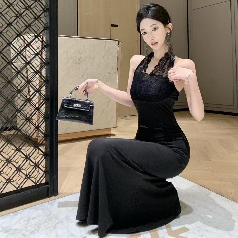 Korean Slim Fit and Thin Lace Neck Dress Women's Summer Sexy Backless Hip Wrap Dress Long Dress Hip Wrap and Thin