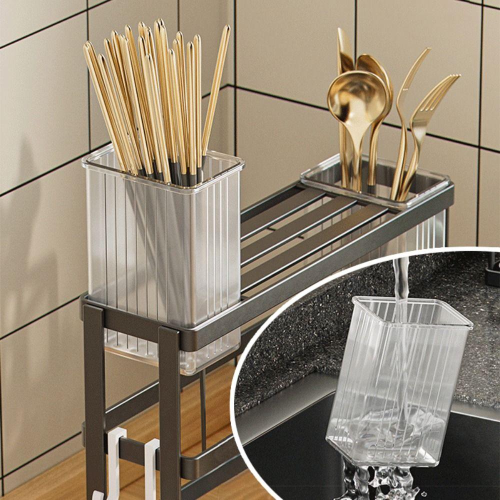 Carbon Steel Kitchen Countertop Organizer WIth Chopstick Cage With Drainage Tray Kitchen Stand Holder Wall Mounted/Countertop