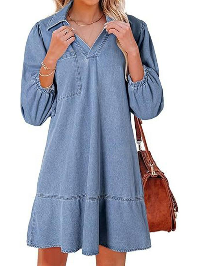 

2025 Women s Long Sleeve V-Neck Loose Dress and Skirt Set S