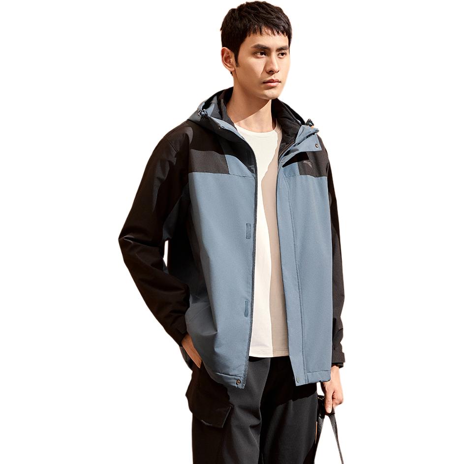 Anta Three In One Detachable Hooded Color Block Zipper Warm Waterproof Jacket Men Outerwear Castle-Gray Mud-Lime 152447629-6