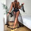 Sexy mesh perspective long nightgown women's chest sequins fringed edge lace-up waist loungewear