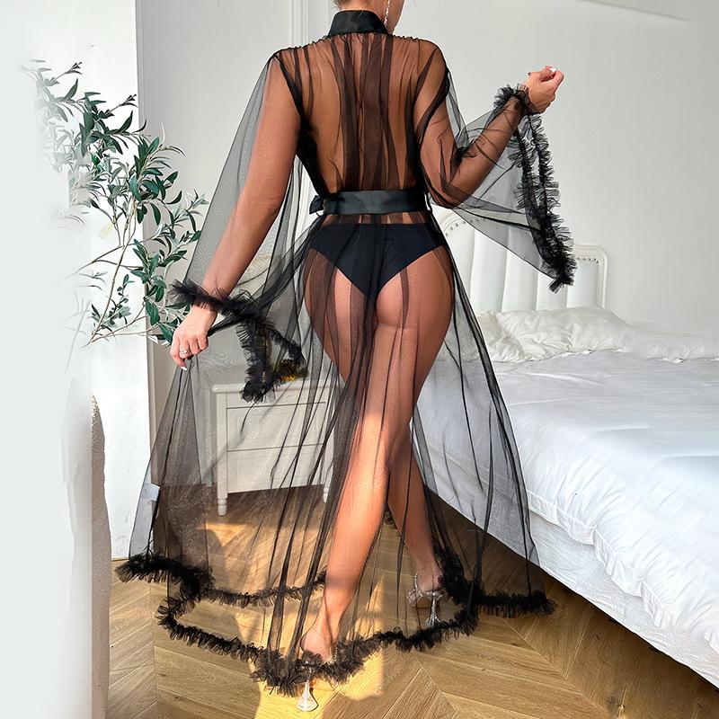 Sexy mesh perspective long nightgown women's chest sequins fringed edge lace-up waist loungewear