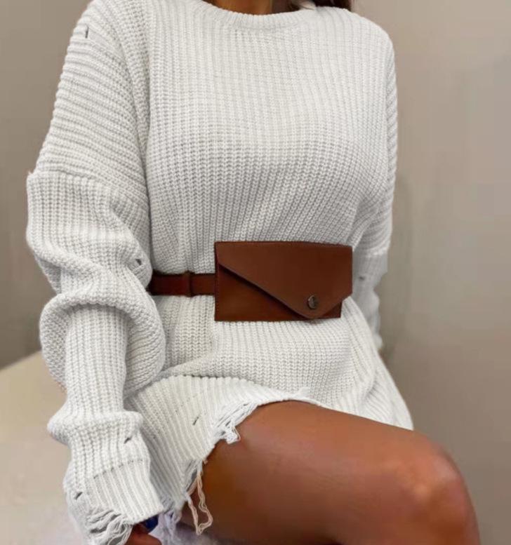 Women's Autumn/Winter Solid Color Ripped Knit Sweater Dress - Round Neck, Long Sleeve, Mid-Length Pullover