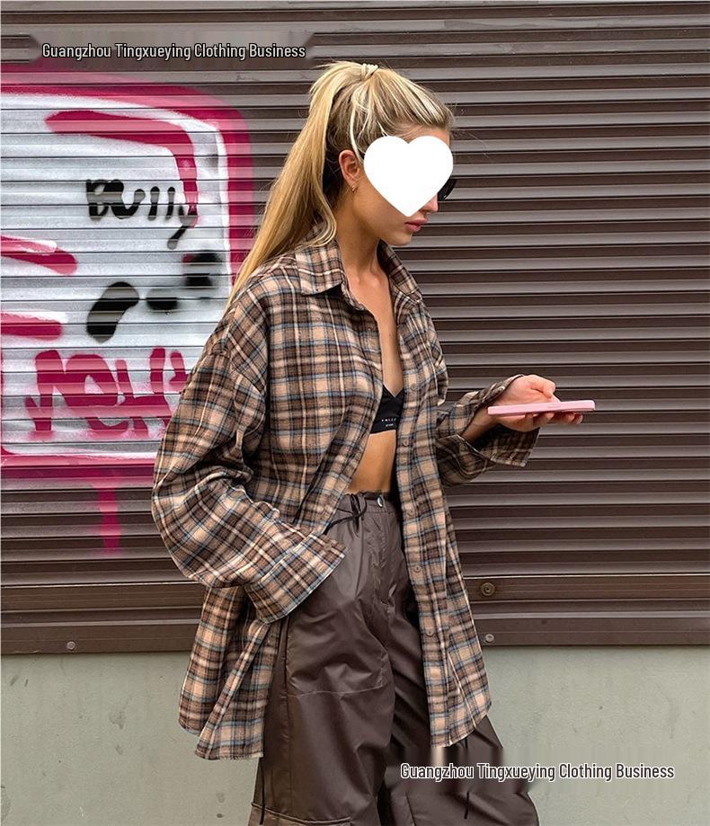 European 2026 Women's Long Retro Plaid Shirt - Spring Loose Fit