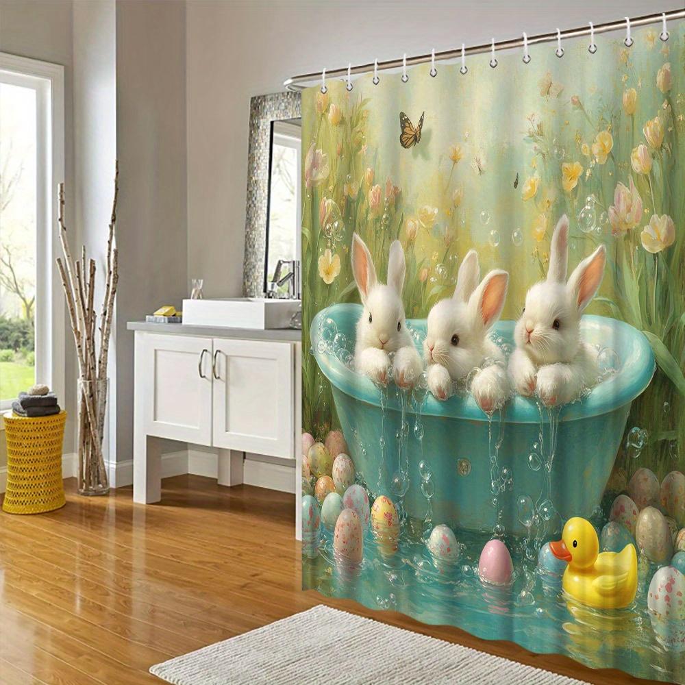 Easter Shower Curtain - Bunnies in Bathtub, Easter Eggs, Spring Garden & Butterflies, Pastel Design, Polyester Bathroom Decor