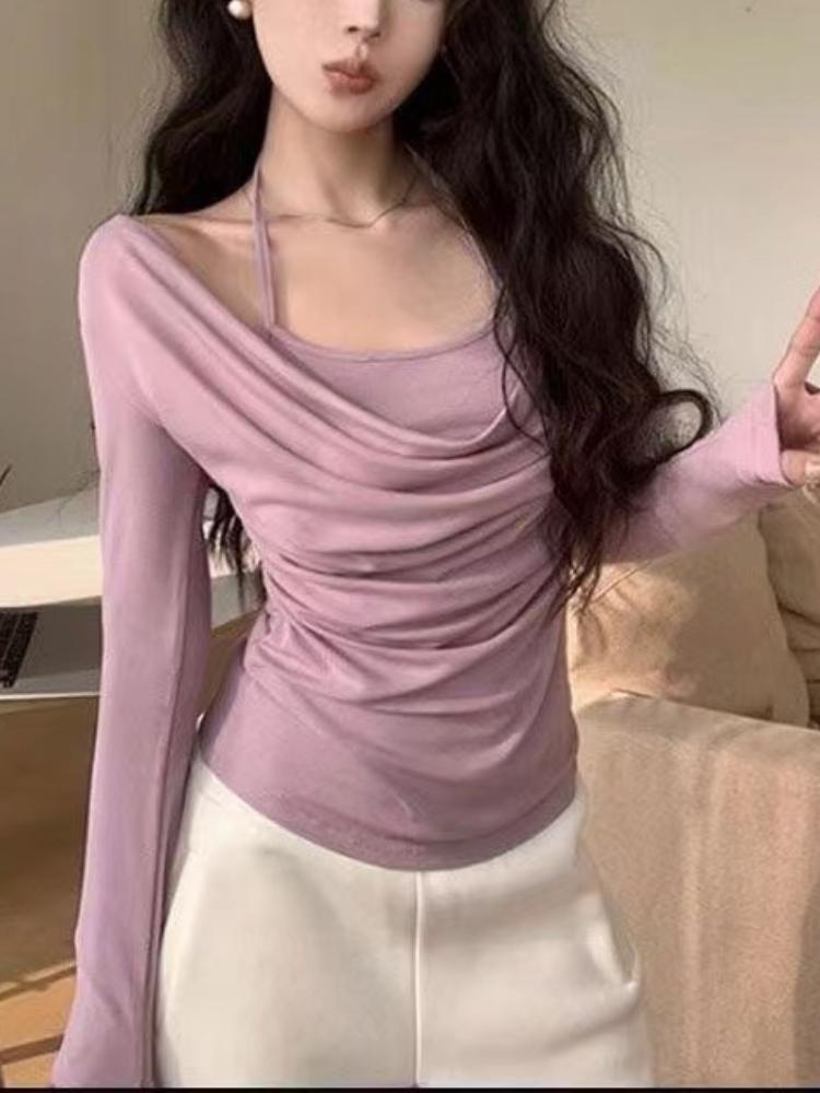 

Autumn French Fashion Retro Sexy Tops Women Elegant Slim Fake Two Piece T Shirt Streetwear New Design Chic Pretty Clothing 2026 S фиолетовый