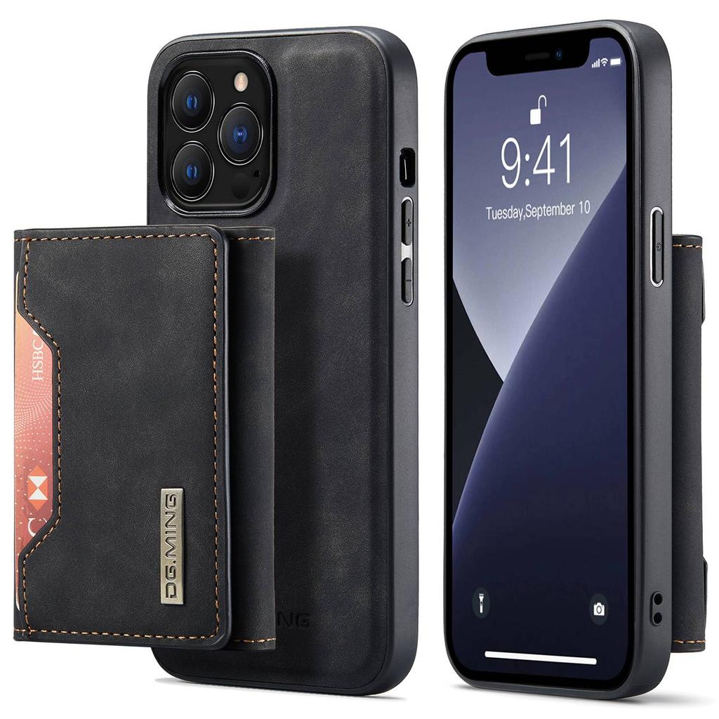 DG.MING M2 Series for iPhone 15 Pro Anti-Drop Kickstand Case PU+PC+TPU Magnetic Wallet Phone Cover