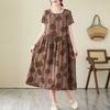 2025 Summer New Retro Literary Loose Round Neck Short Sleeve Midi Dresses