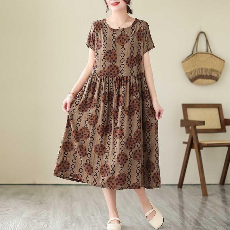 2025 Summer New Retro Literary Loose Round Neck Short Sleeve Midi Dresses