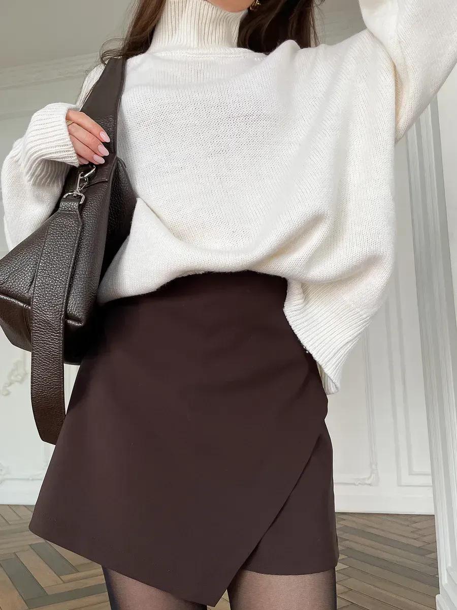 2026 Russian Women s High-Waisted Irregular Zippered Mini Skirt M коричневый