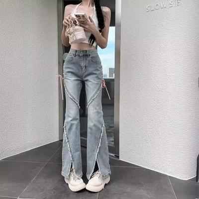 Jeans Women's Spring and Summer Retro Hot Girl Niche Design Irregular Slit Slightly Flared Long Pants