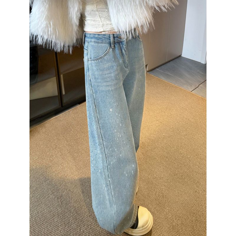 American Retro Style Star-Studded Rhinestone Jeans for Women, New Spring Design for Plus-Size Girls, High-Waisted Wide-Leg Pants