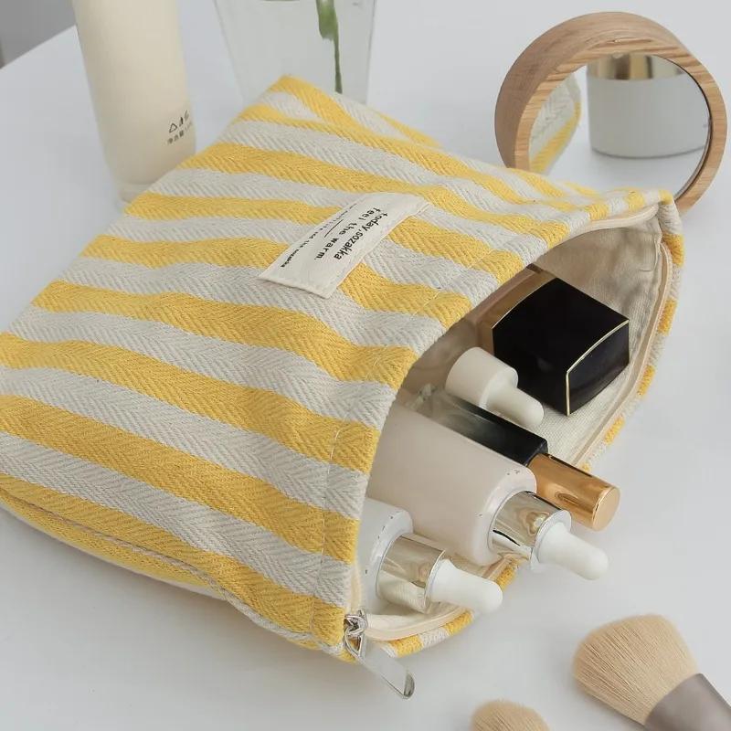 Women Stripe Comestic Case Clutch Pouch Canvas Makeup Storage Bag Women Handbag Portable Toiletry Travel Organizer Case