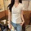 Summer Korean Style V-Neck Pleated Slim-Fit Versatile Short-Sleeve Women's Top