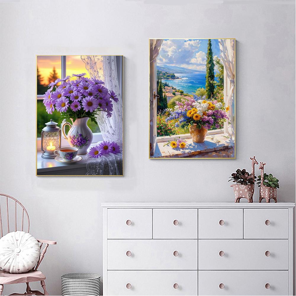 Window View Flower Diamond Painting 5D Full Drill Lily Rose Peony Bouquet DIY Rhinestone Embroidery Mosaic Art Home Decor Gift