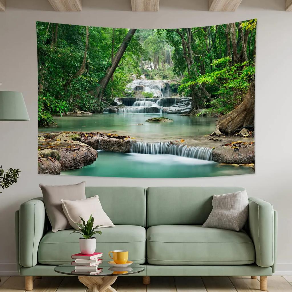 Enchanted Forest Tapestry Serene Waterfall Wooden Path Unique Wall Art for Home Decor Bedroom Nature Lover Gift
