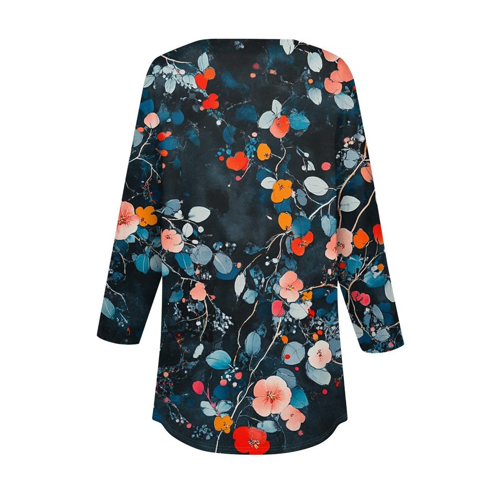 Women's Loose Button Collar Vintage Floral Print Three-quarter Sleeve T-Shirt Shirt