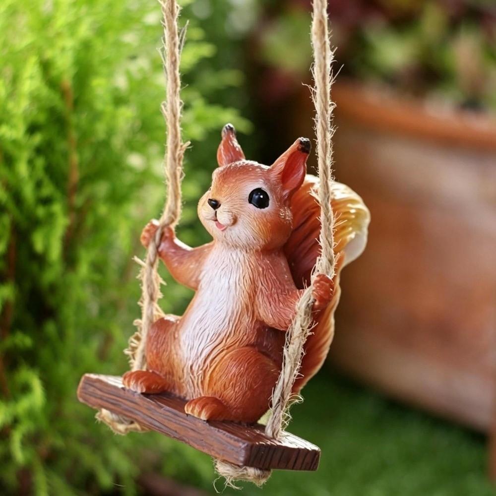 Resin Squirrel On Swing Weatherproof Squirrel Figurine Garden Decoration Indoor